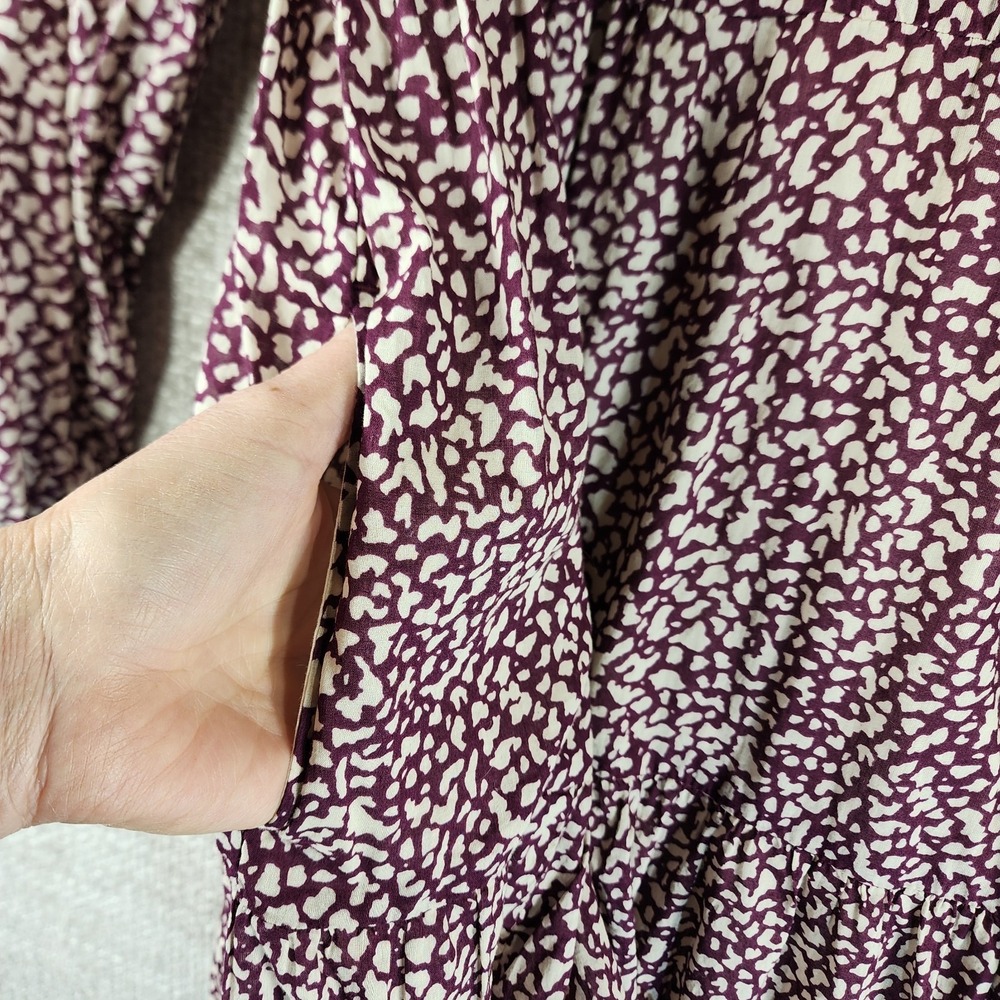 Gap Boho Tiered Cotton Gauze Dress Womens MT Tall Purple Cream Splotch Tie Neck - Picture 4 of 12